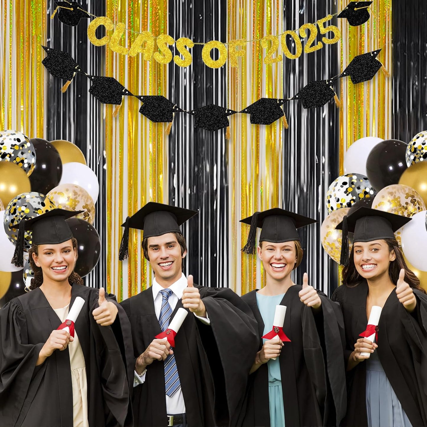 Foil Fringe Curtains Happy Retirement Decorations - Melsan 3 Pack 3.2 x 8.2 ft Gold Tinsel Curtain Party Photo Backdrop for Birthday Party Baby Shower or Graduation