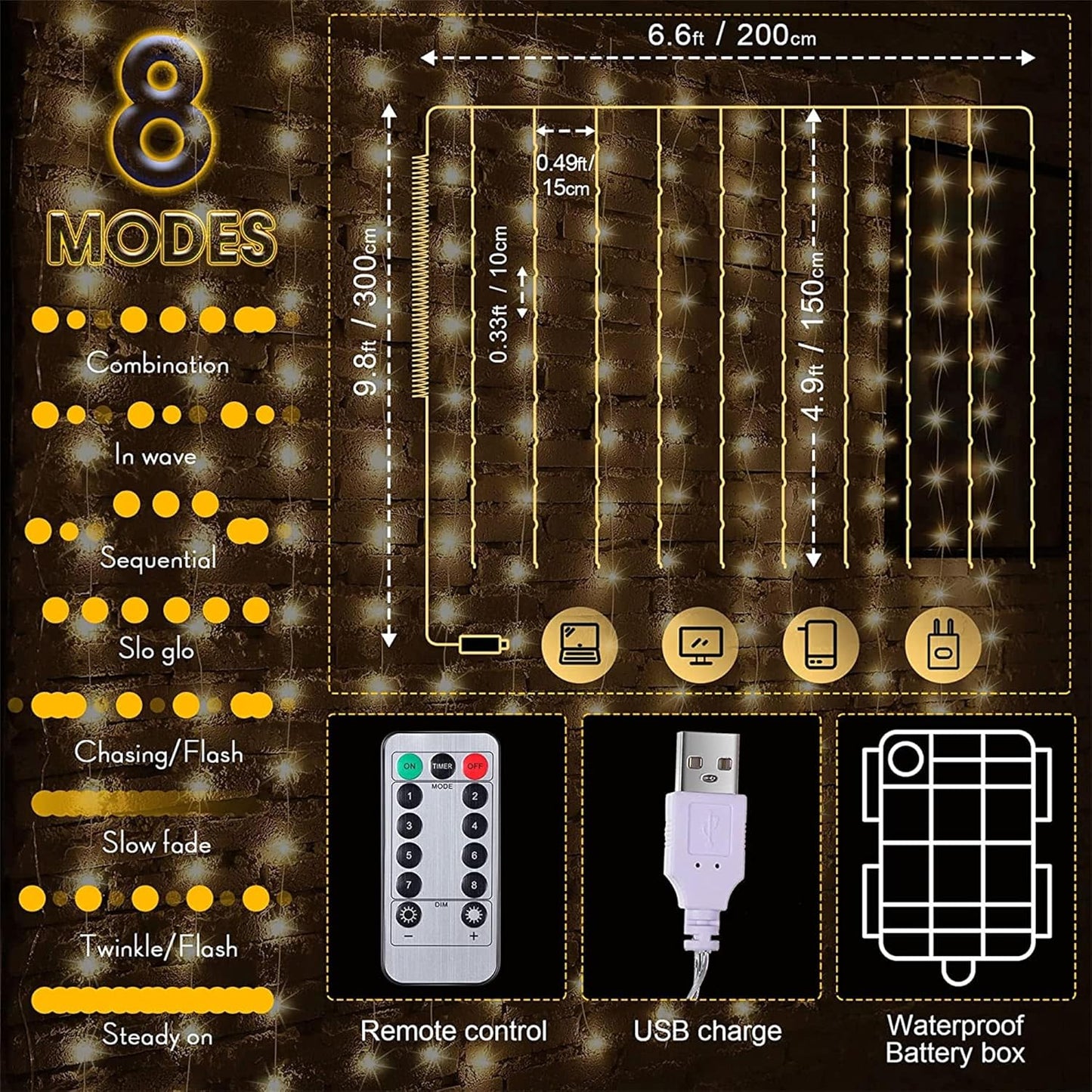 Meonum Curtain Tapestry Backdrop String Lights, Each 13 Strings 6.6 x 5 ft Tapestry Fairy String Light, 8 Modes Window Wall Hanging Light Strings for Bedroom Christmas Curtain Decor(1 Pack)