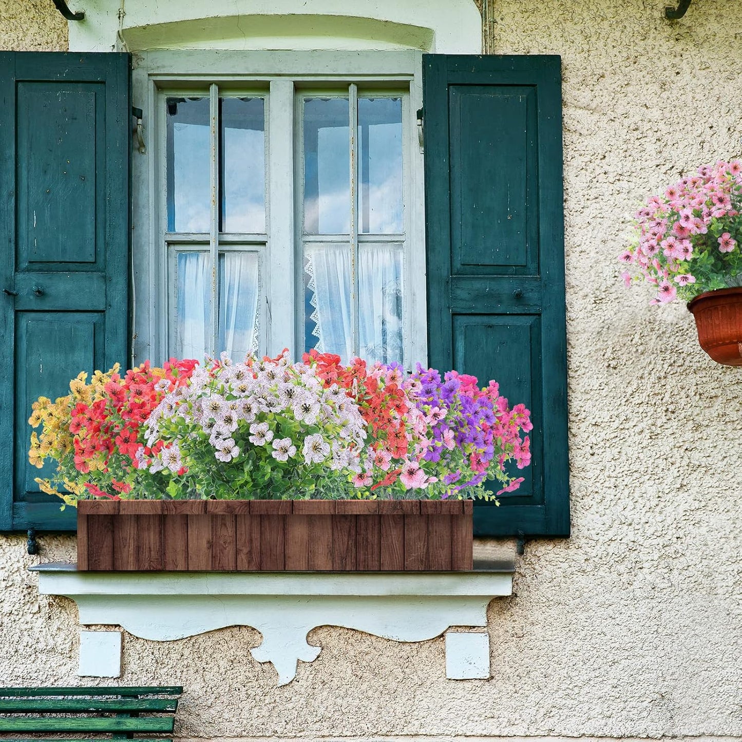 12 Bundles Artificial Flowers Outdoor UV Resistant Fake Plastic Plants Indoor Outside Hanging Plants Garden Porch Window Box Home Wedding Farmhouse Festive Shrub Decor (Rose Red)