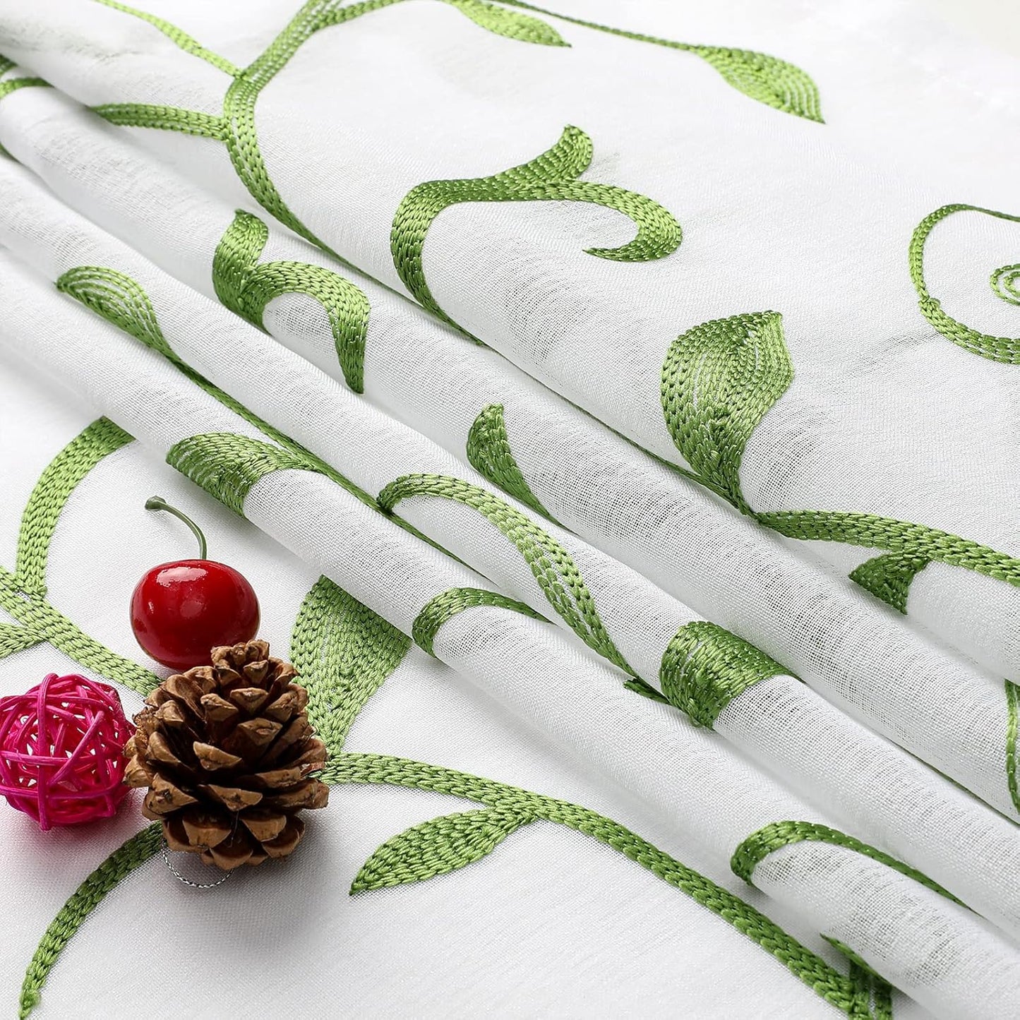 VISIONTEX Embroidered Green Sheer Voile Curtains, Leaves Embroidery Faux Linen Rod Pocket Window Drapes for Living Room and Girls Bedroom 54 x 84 Inch, Set of 2 Curtain Panels