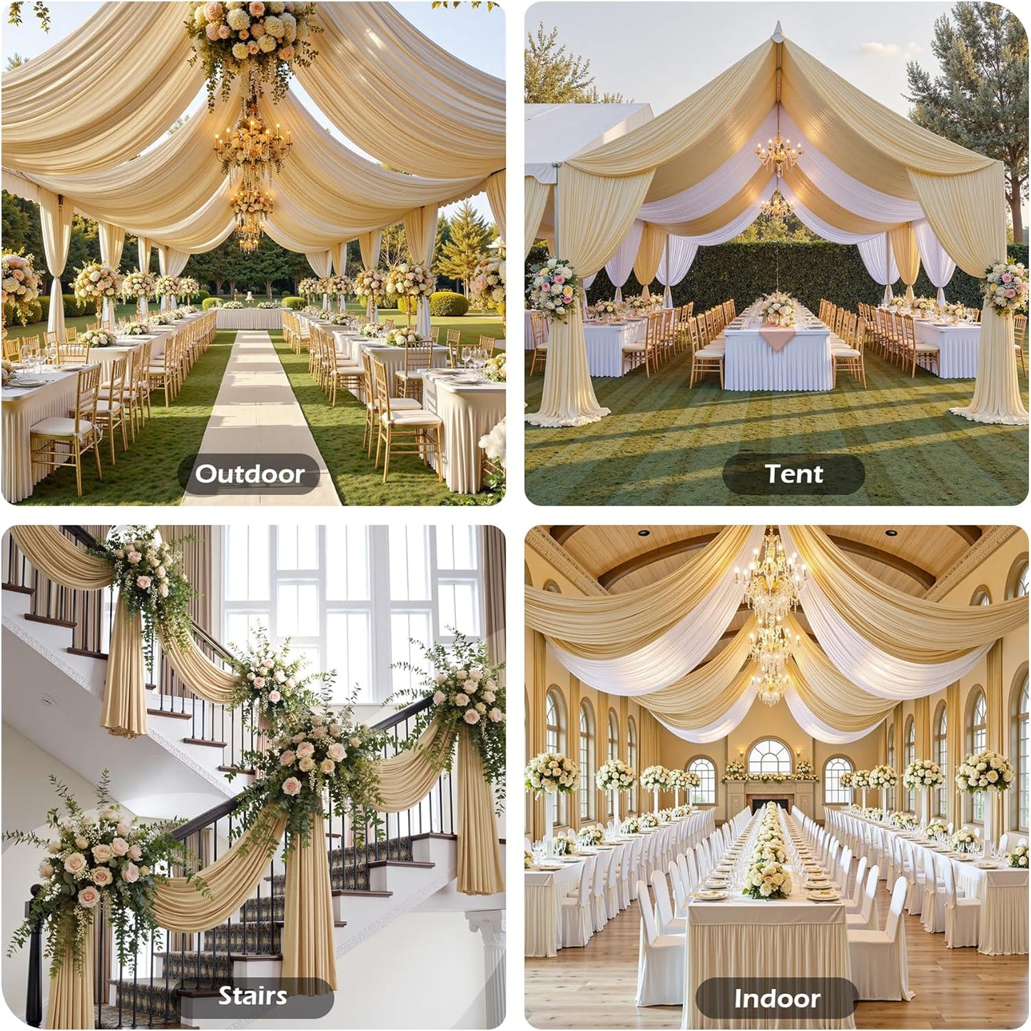 PartyVillage 50ftx40ft Beige Ceiling Curtain for Wedding Parties – 10 Panels Wrinkle-Free 40 FT Long Tent Draping Curtains for Wedding, Birthday & Theme Parties, 40ft Height with Rod Pocket