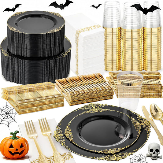 Nervure 350PCS Black Plastic Plates - Black Plastic Dinnerware Sets for 50 Guests - 100 Disposable Plates, 150 Gold Silverware, 50 Cups, 50 Napkins for Wedding & Party & Halloween