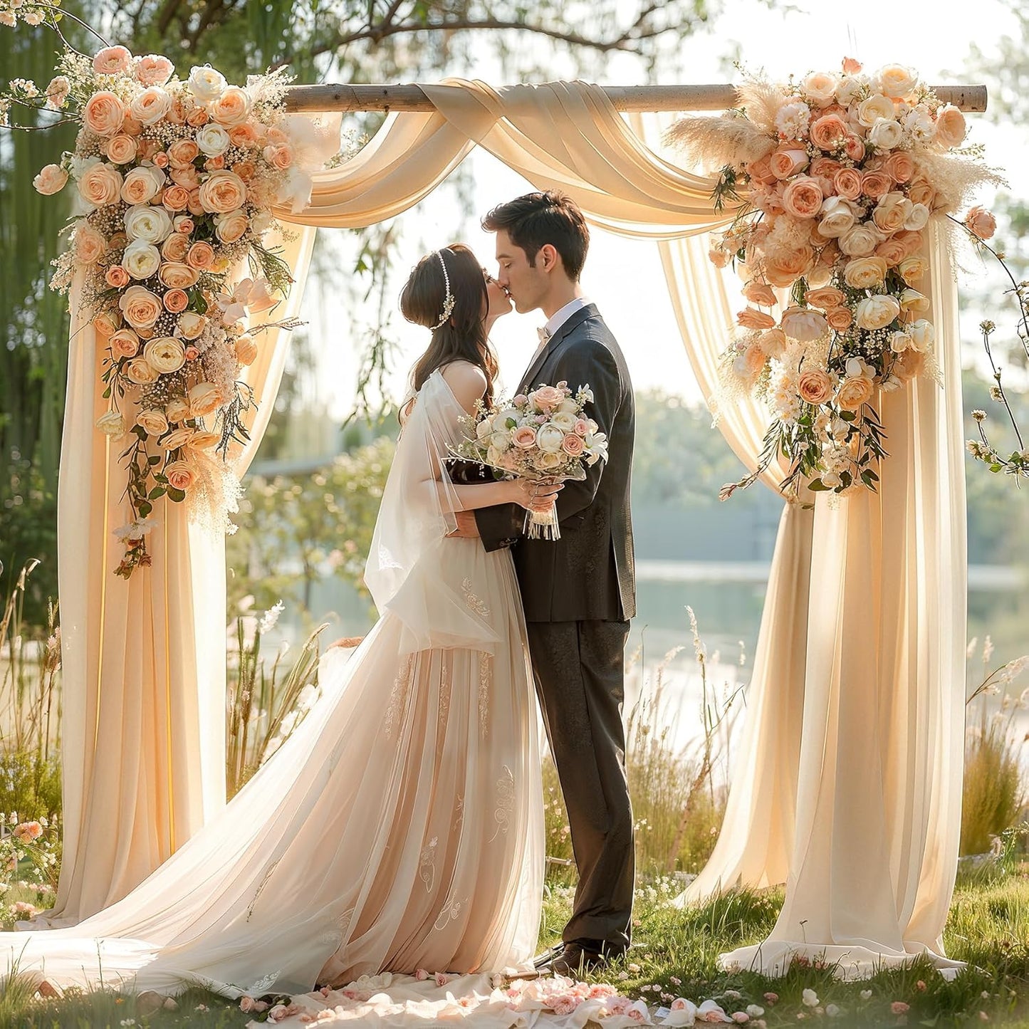 Champagne Wedding Arch Draping Fabric 2 Panels 30'' x 20FT Champagne Drapes Sheer Fabric Backdrop Arch Draping Fabrics for Wedding Ceremony Birthday Party Bridal Shower Decoration