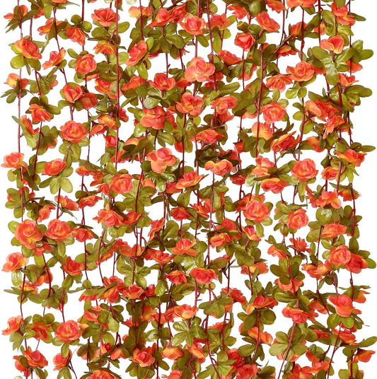 KHOYIME 9 Pack 72 FT Artificial Fall Flower Garland, Fake Orange Roses Vines Silk Flowers Faux Plastic Outdoor Hanging Floral Garland Autumn Decoration for Indoor Table Home Wall Backdrop Room Decor