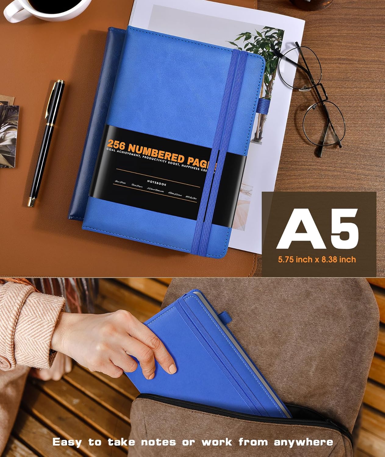 Lined Journal Notebook for Women Men, 256 Numbered Pages Hardcover Leather Journals for Writing, A5 Journaling Notebooks, College Ruled Journal for Business Work School Note Taking 5.75" x 8.38" Blue