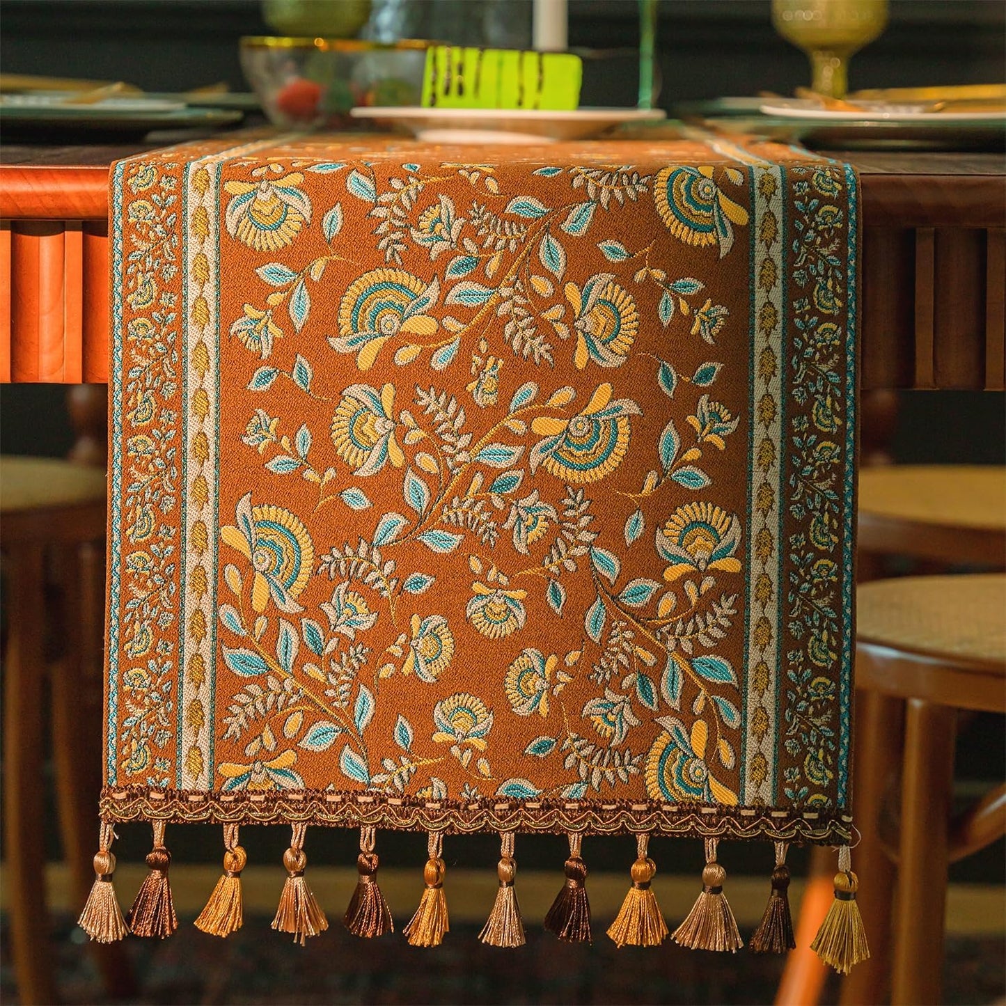 13×72 Inch Table Runner, Retro-Luxury Tassels Series for Kitchen Dining Table Holiday Decoration (Coffee Branch)