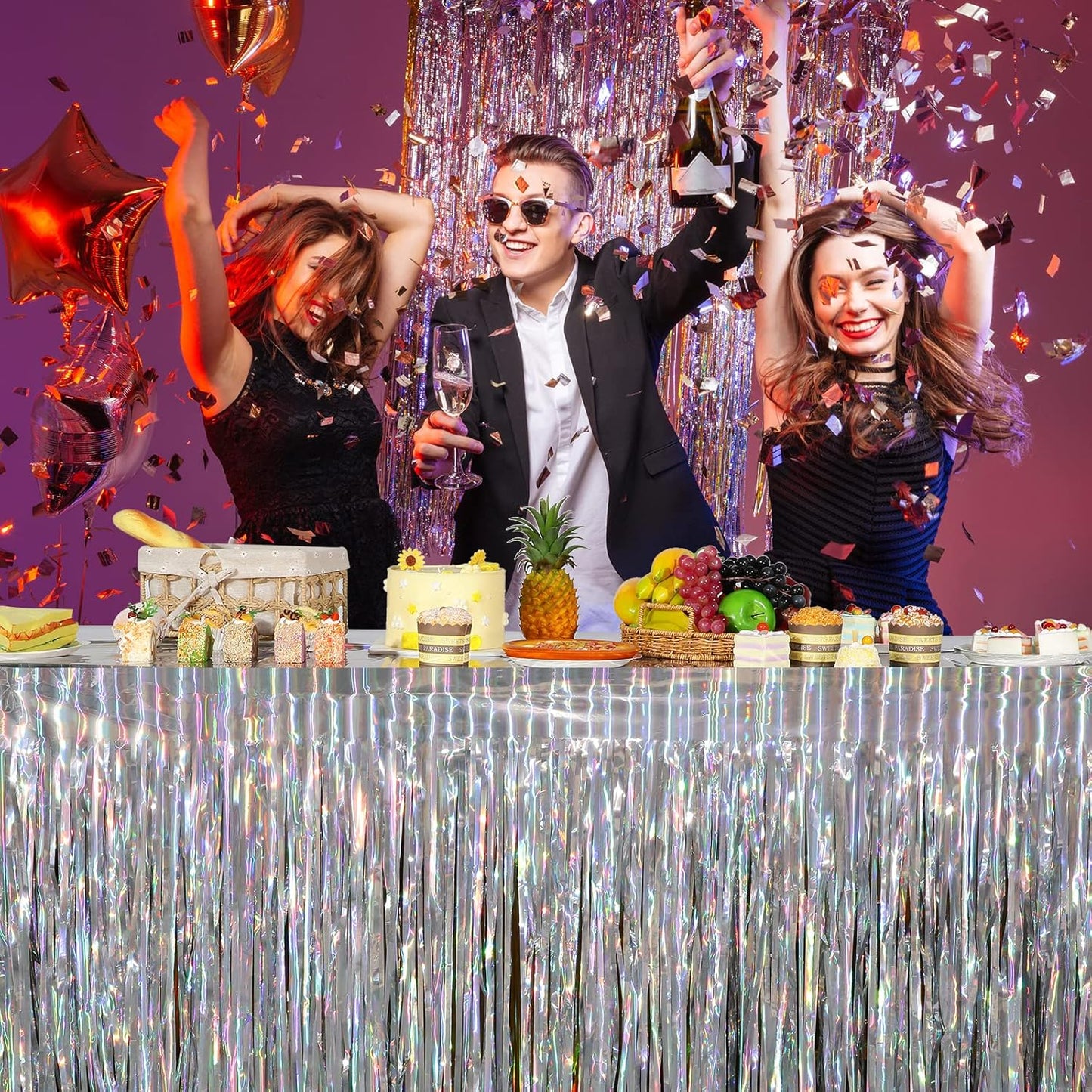 8 Pack Iridescent Table Skirt, Metallic Foil Fringe Tinsel Table Skirts for Rectangle Tables, Disposable Laser Rainbow Table Skirt Iridescent Party Decorations for Birthday Wedding Holiday, 29x108Inch