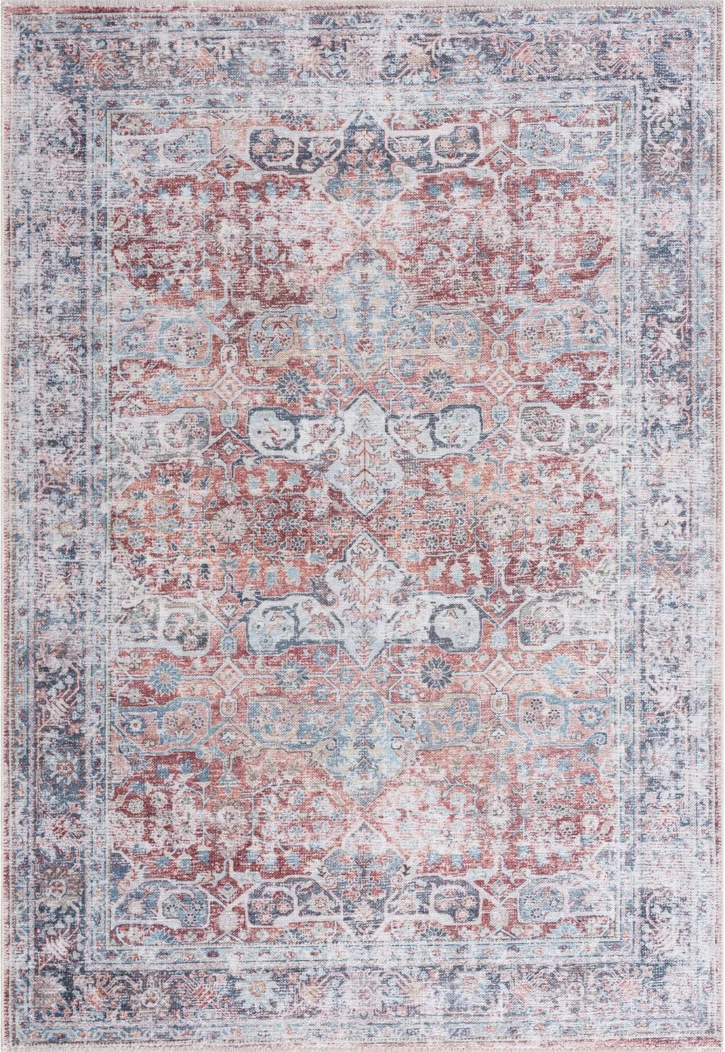 Bloom Rugs Caria Washable Non-Slip 3x5 Rug - Brick/Dark Blue Traditional Area Rug for Living Room, Bedroom, Dining Room, and Kitchen - Exact Size: 3' x 5'