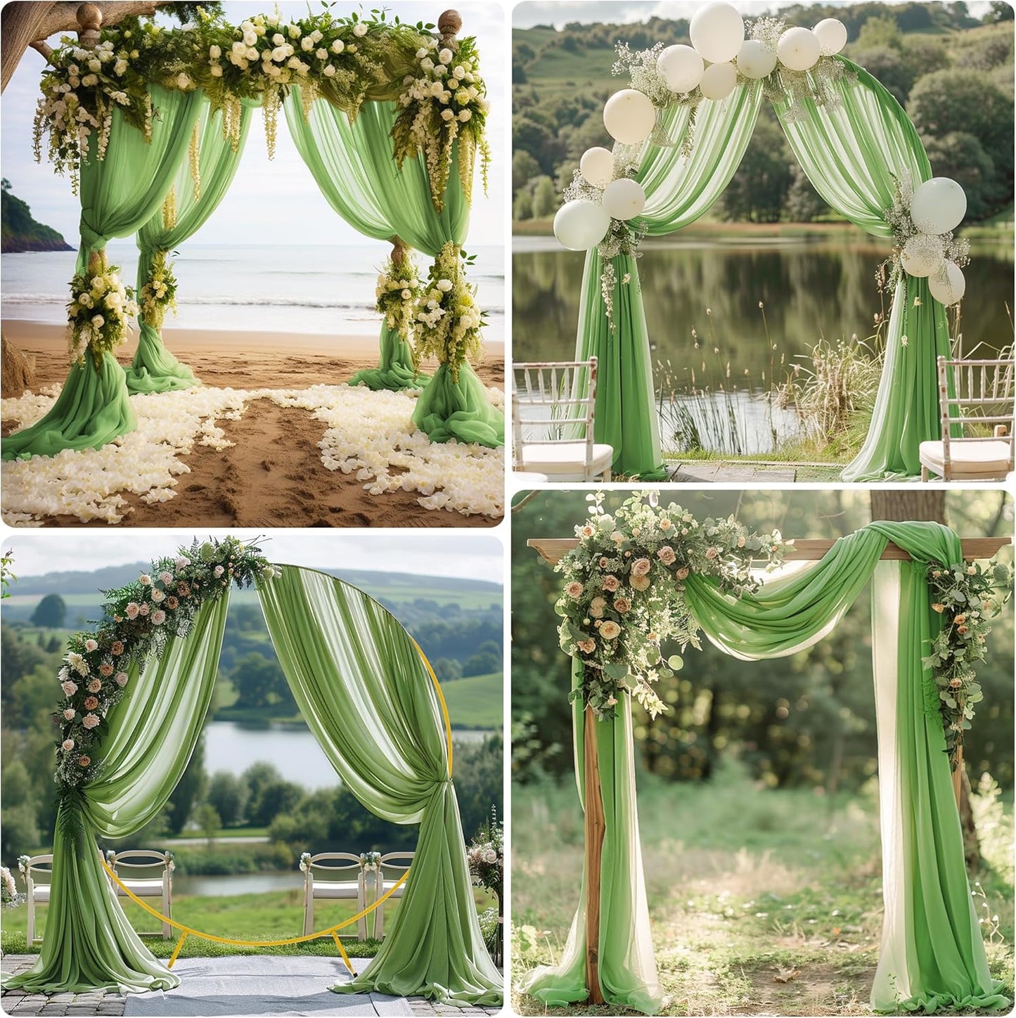 Wedding Arch Draping Fabric 4 Panels 28.7" x 20FT Sage Green Sheer Chiffon Backdrop Drapes for Wedding Ceremony Birthday Party Bridal Shower Outdoor Decoration