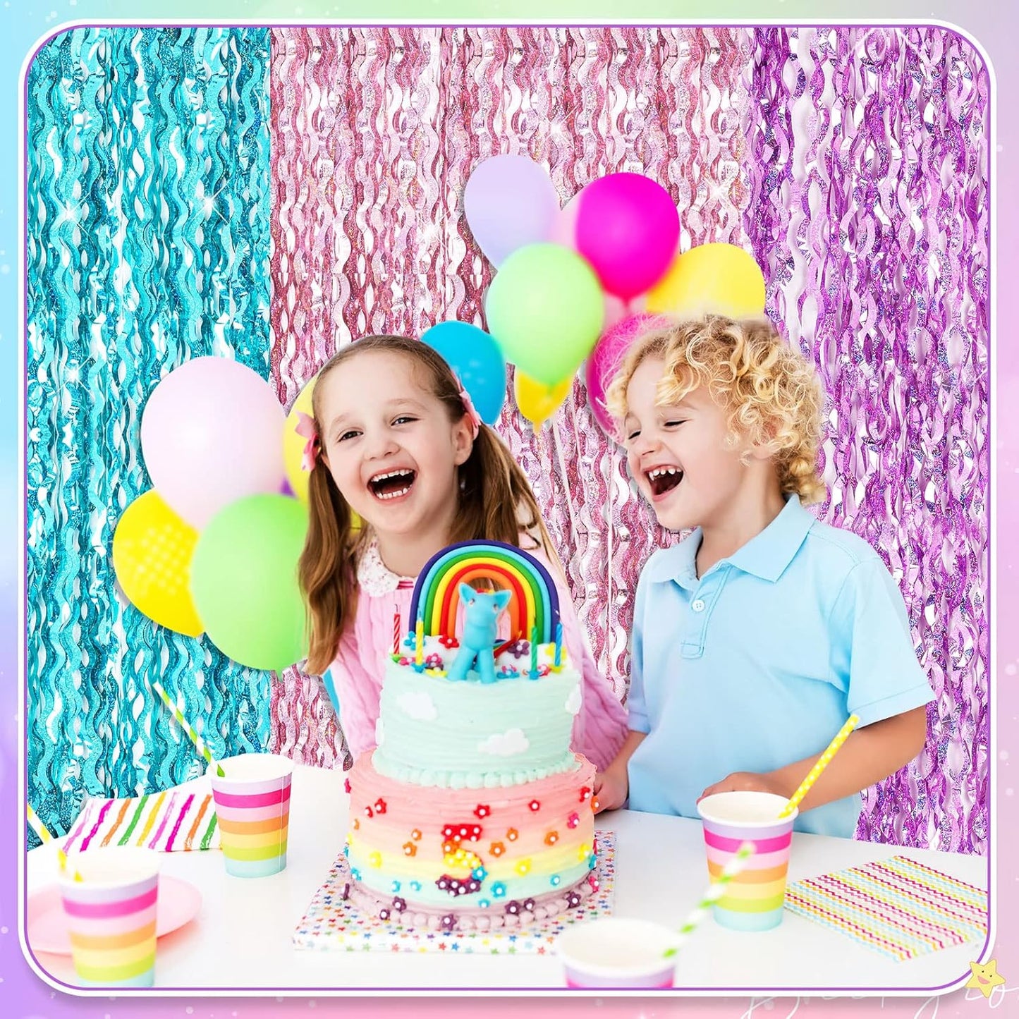 Jutom 6 Pieces 3.3 x 6.6 ft Wavy Tinsel Foil Fringe Curtains Foil Fringe Streamer Backdrop Party Curtain for Sea Mermaid Baby Shower Birthday Party Decoration(Purple, Pink, Blue Green)