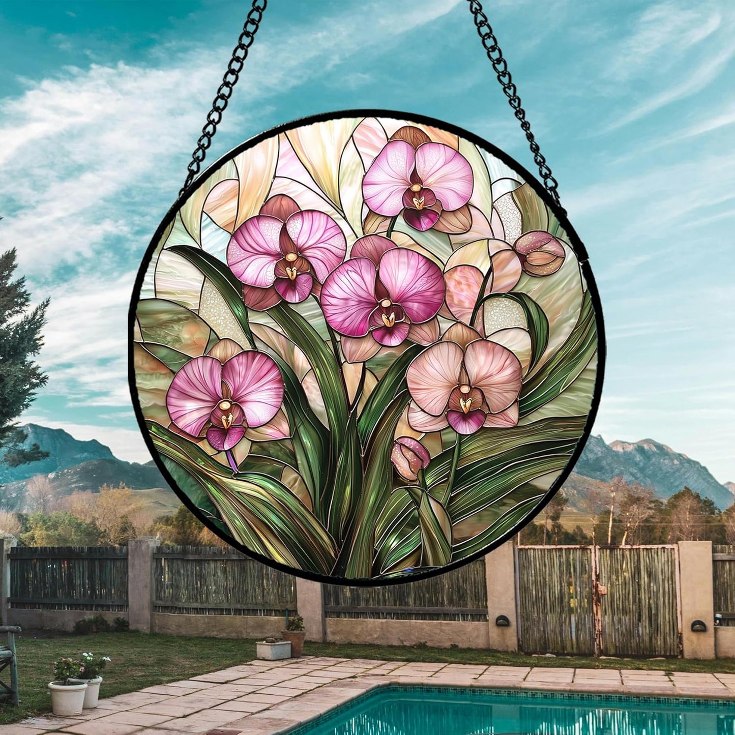 Stained Glass Window Hanging - Pink Phalaenopsis Orchid Green Leaves Sun Catcher for Door Home Decor Flower Suncatcher Christmas Mother's Day Birthday Gifts for Women Men Mom Nana 7.8 in