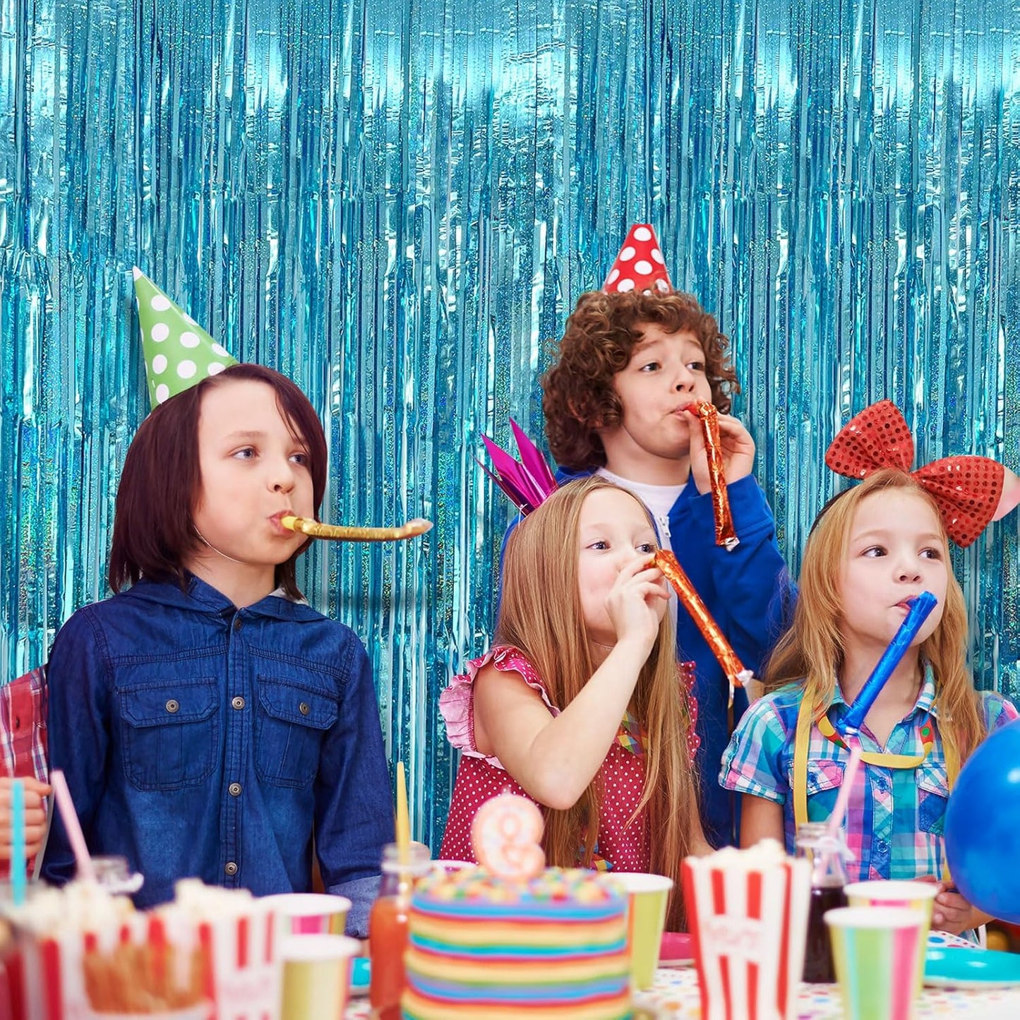 2 Pack Blue Streamers Party Decorations Tinsel Foil Fringe Curtains Photo Booth Celebration Birthday Decorations Ocean Party Decorations