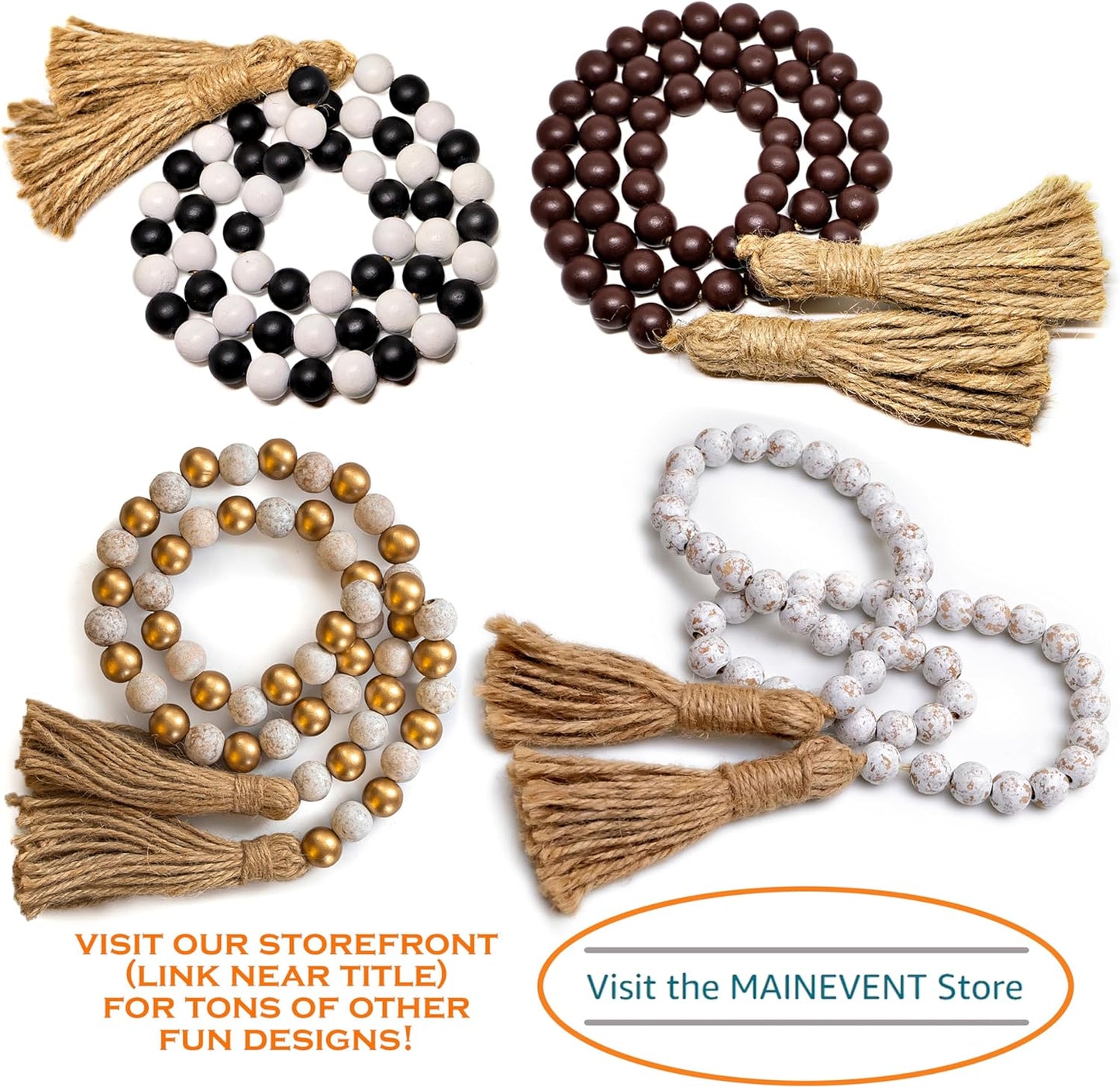 Farmhouse Wood Bead Garland Set of 2 with Tassels - Decorative Home Boho Beads