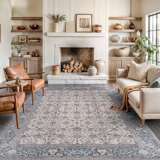 Bloom Rugs Washable Non-Slip 8' x 10' Rug - Teal/Blue/Beige Traditional Oriental Area Rug for Living Room, Bedroom, Dining Room, and Kitchen - Exact Size: 8' x 10'