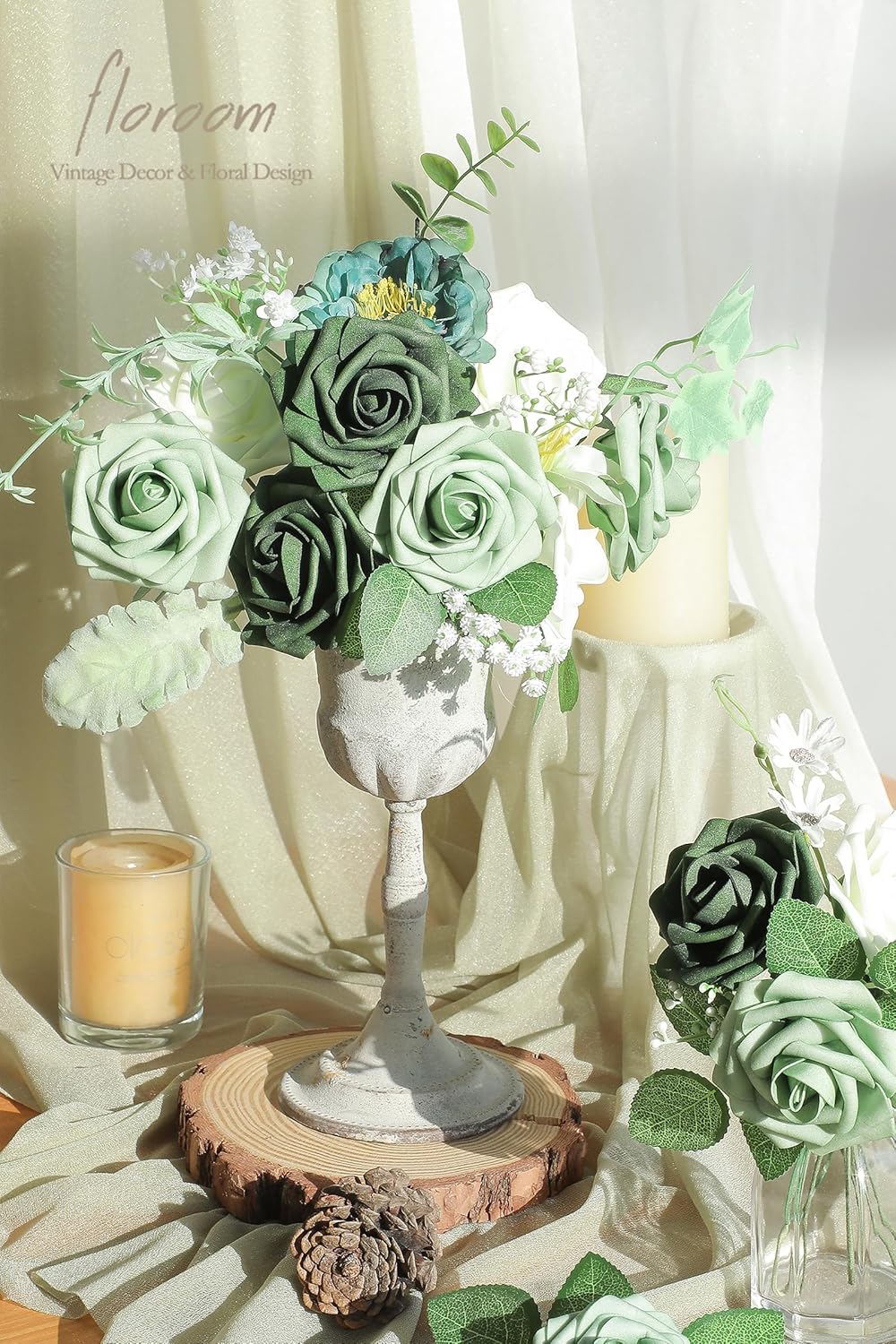 Floroom Artificial Flowers 25pcs Real Looking Sage Green & Emerald Green Foam Fake Roses with Stems for DIY Wedding Bouquets Bridal Shower Centerpieces Floral Arrangements Party Tables Decorations