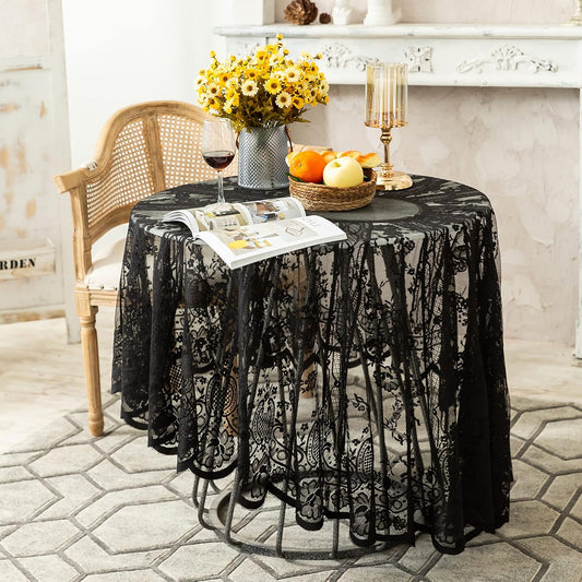 Gorgeous Round Lace Tablecloth,Vintage Floral Embroidered Table Cloths, Chic Round Table Cover for Wedding Banquet HolidayDinner Tables 60INCH (Black)