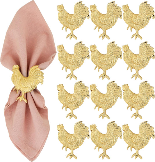 Set of 12 Rooster Napkin Rings for Farmhouse Table Decor | Premium Metal Chicken Dinnerware Holders | Rustic Kitchen & Holiday Party Table Setting (Gold) - ALPHA Living HOME