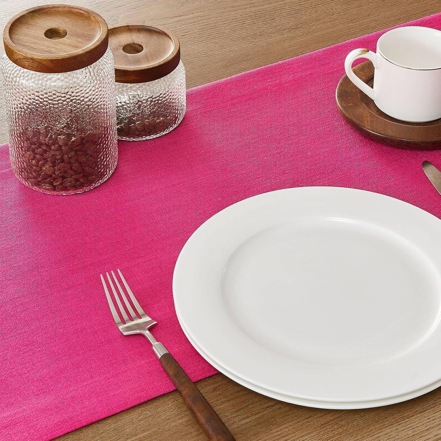 ZeeMart Linen Textured Border Table Runner, 14 x 108 Inch Hot Pink, Farmhouse Style Pink Table Runners 108 Inches Long, Easy Care Everyday Polyester Table Runner