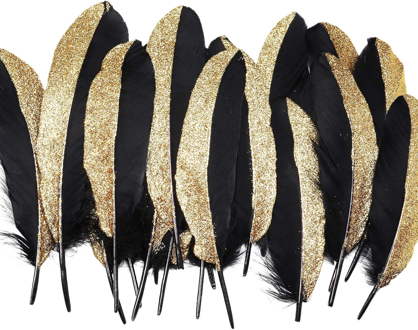 BABEYOND 42 Pcs 1920s Gatsby Gold Dipped Feather Natural Décor Glitter Feather for 20s Party Decoration Wedding Decoration (Black & Gold)