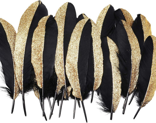 BABEYOND 42 Pcs 1920s Gatsby Gold Dipped Feather Natural Décor Glitter Feather for 20s Party Decoration Wedding Decoration (Black & Gold)