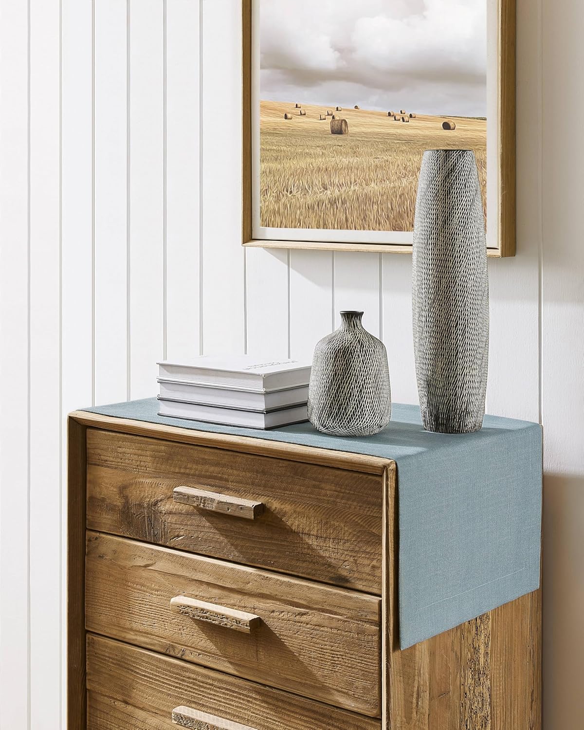 ZeeMart Linen Textured Border Table Runner, 14 x 60 Inch Blue, Farmhouse Style Dusty Blue Table Runners 60 Inches Long, Easy Care Everyday Polyester Table Runner