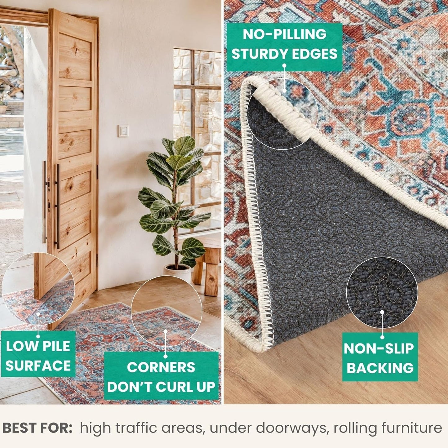 Bloom Rugs Washable Non-Slip 12 ft Runner - Coral/Sky Blue Traditional Medallion Runner for Entryway, Hallway, Bathroom, and Kitchen - Exact Size: 2.5' x 12'