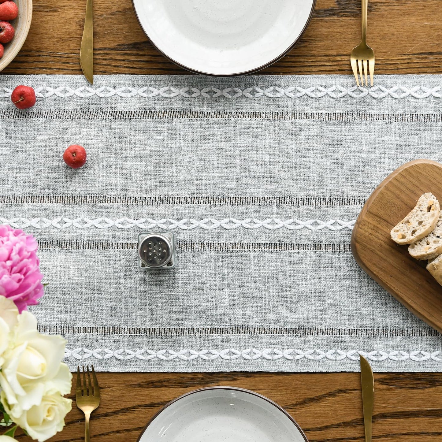 Artoid Mode Grey Rustic Cotton Linen Table Runner, Seasonal Embroidered Hollow Kitchen Dining Table Decoration for Home Party Decor 13x90 Inch