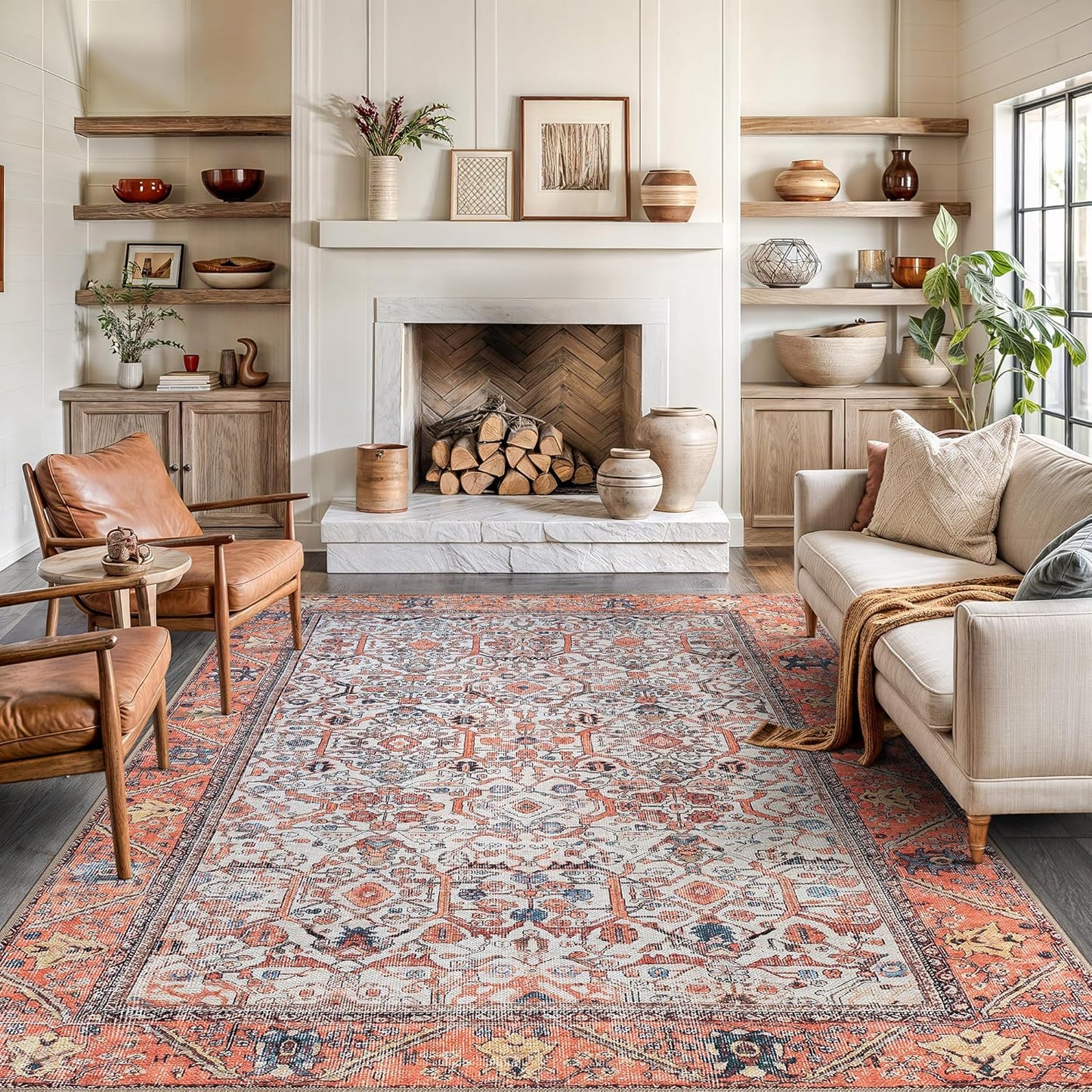 Bloom Rugs Washable Non-Slip 8' x 10' Rug - Orange Traditional Bordered Area Rug for Living Room, Bedroom, Dining Room, and Kitchen - Exact Size: 8' x 10'