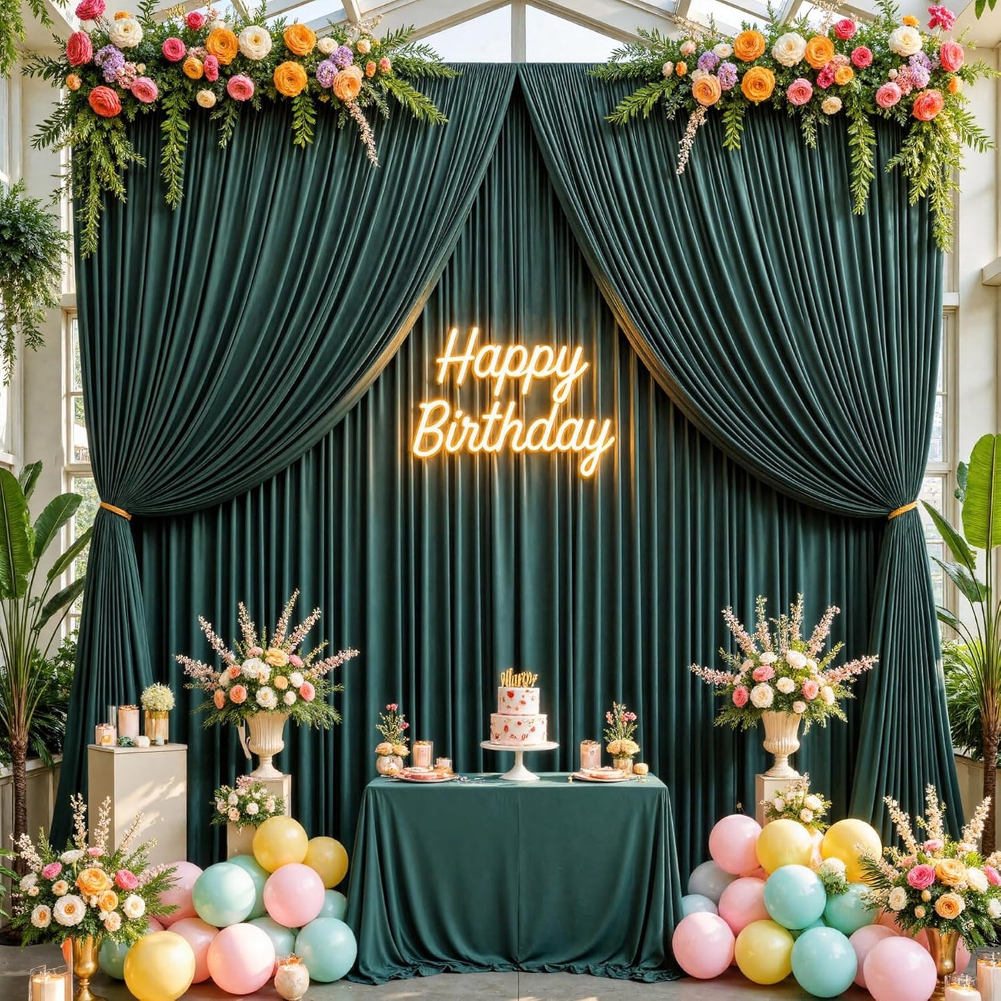 40ftx10ft Wrinkle FreeHunter Green Backdrop Curtains for Party Background, 8 Panels Silky Fabric Green Photo Backdrop Drapes Back Drop Cloth for Wedding Birthday Photography Baby Shower Decor