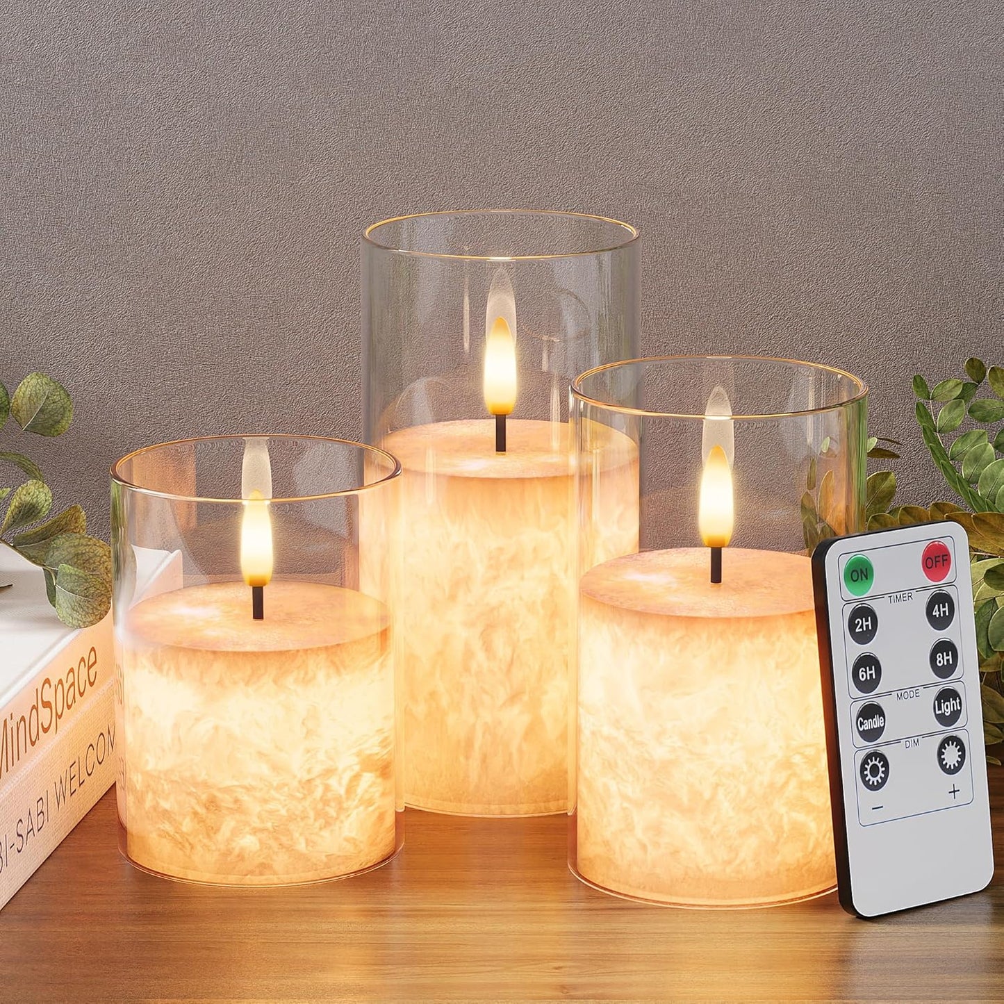 Ice Crystal Real Wax Glass Flameless Candles with Remote & Timer, Battery Operated Candles with Warm Flickering Flame, Realistic LED Candle for Wedding Home Decor [D3×H4/5"/6"] Clear, 3Pack