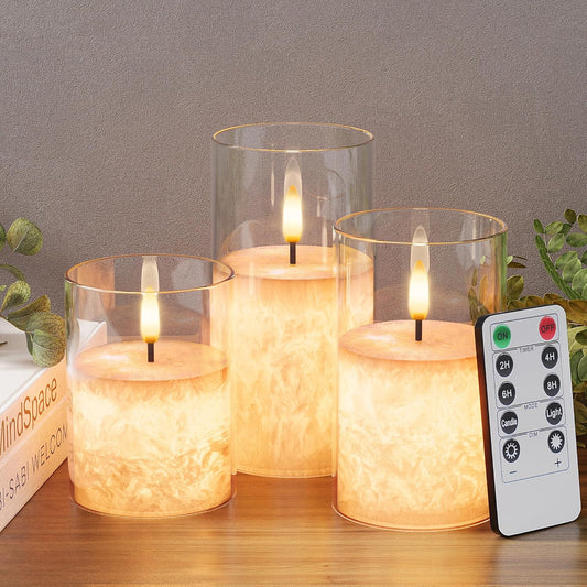 Ice Crystal Real Wax Glass Flameless Candles with Remote & Timer, Battery Operated Candles with Warm Flickering Flame, Realistic LED Candle for Wedding Home Decor [D3×H4/5"/6"] Clear, 3Pack