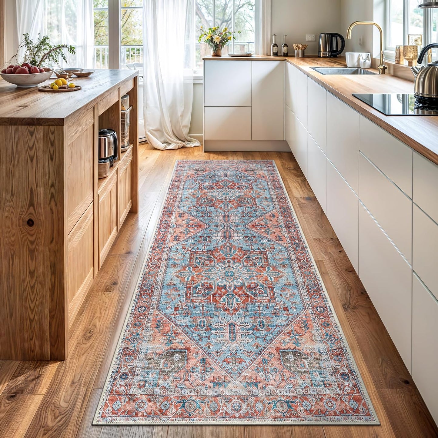 Bloom Rugs Washable Non-Slip 12 ft Runner - Coral/Sky Blue Traditional Medallion Runner for Entryway, Hallway, Bathroom, and Kitchen - Exact Size: 2.5' x 12'