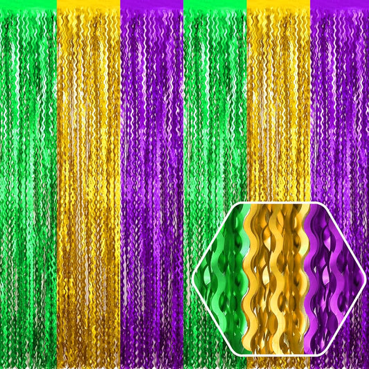 4 Pack Gold Green Purple Wave Foil Fringe Curtain Backdrop, 3.28Ft x 8.2Ft Metallic Tinsel Foil Fringe Streamer Curtains for Photo Booth, Mother's Day, Easter, Birthday, Wedding Party Decoration