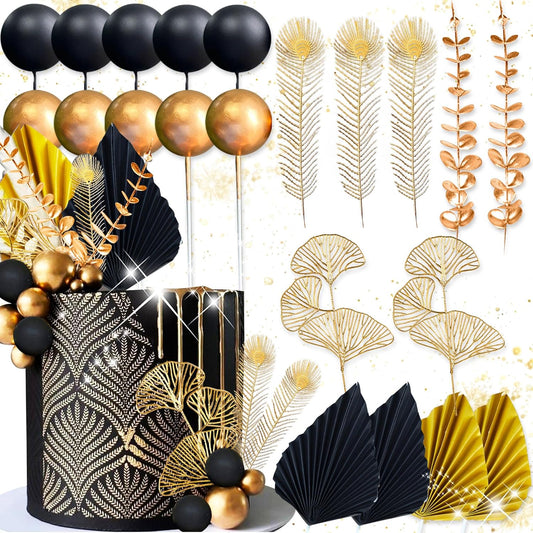 Boho Cake Topper Black Gold Balls Cake Topper Gold Leaves Cake Decorations Prom Cake Decoration Roaring 20s Cake Decoration 1920s Party Supplies Balls Cake Decorations