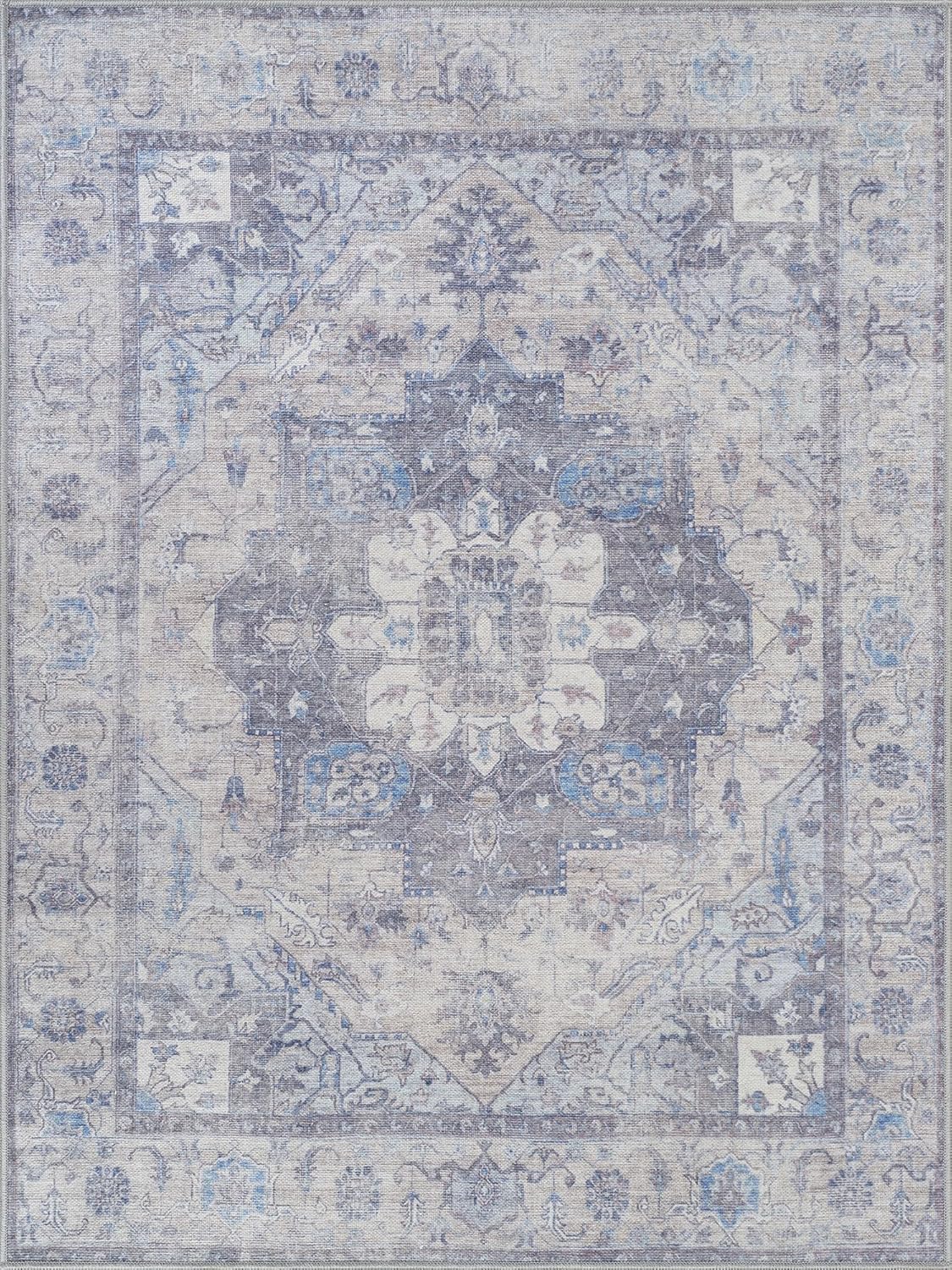 Bloom Rugs Washable Non-Slip 8' x 10' Rug - Blue/Sand Traditional Medallion Area Rug for Living Room, Bedroom, Dining Room, and Kitchen - Exact Size: 8' x 10'