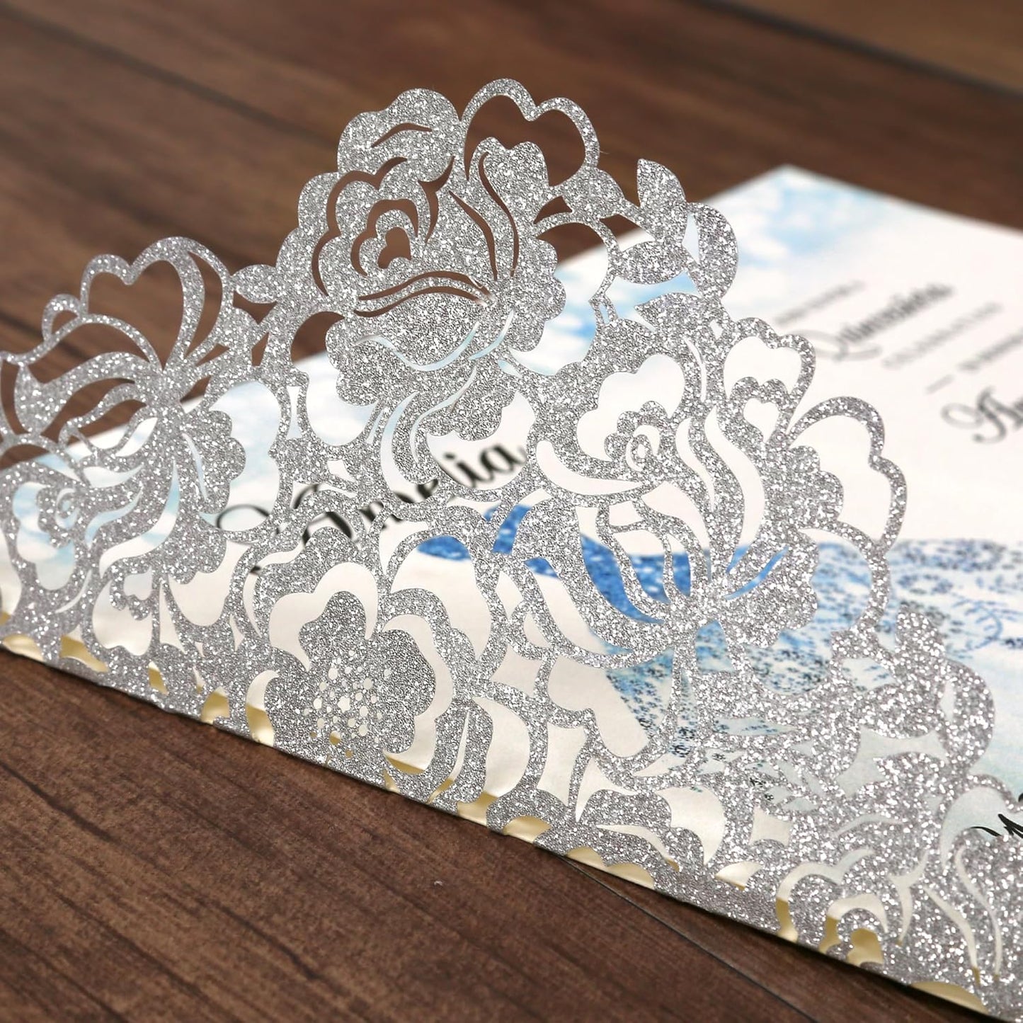 DORIS HOME 50pcs Laser Cut Quinceanera Invitation Pockets with Envelopes Silver Glitter, 5.12" x 7.12"Invitation Cards for Birthday, Miss 15, Sweet 16 (No Inserts Included)