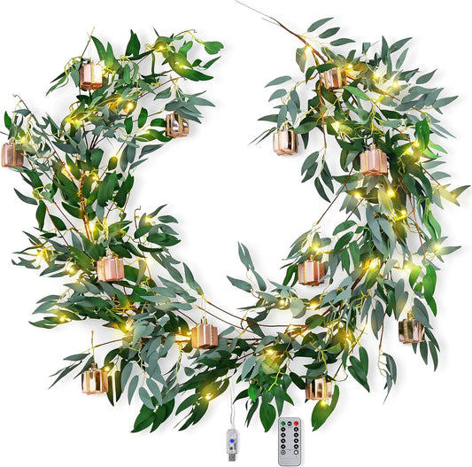 Artificial Willow Garland with USB Fairy String Lights & Pink Gift Box Ornaments – 2-Pack Lighted Greenery Vine, with Remote for Mantels, Weddings, Fireplace, Holidays, Parties & Everyday Home Decor