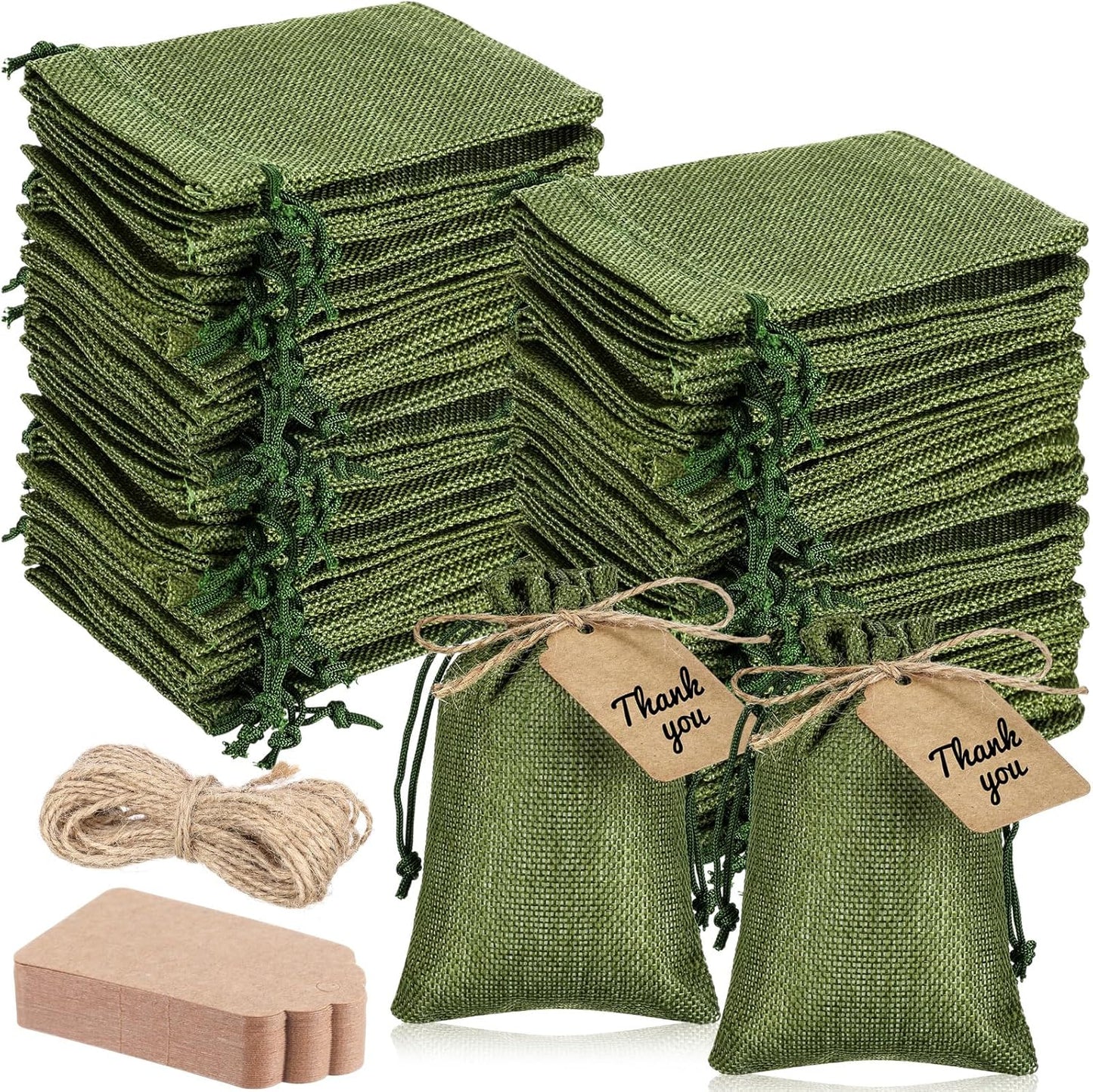 Woanger 100 Pcs Burlap Gift Bags with 100 Pcs Kraft Paper Gift Tags Drawstring Favor Bulk Burlap Sack Bags for DIY Wedding Party Craft (4 x 6 Inch,Army Green)