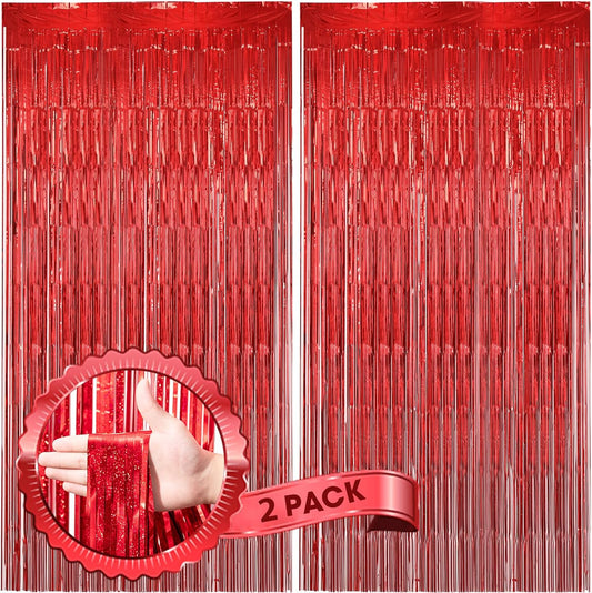 2 Pack Laser Red Foil Fringe Backdrop Curtains, Tinsel Streamers Birthday Party Decorations, Fringe Backdrop for Graduation, Baby Shower, Gender Reveal, Disco Party