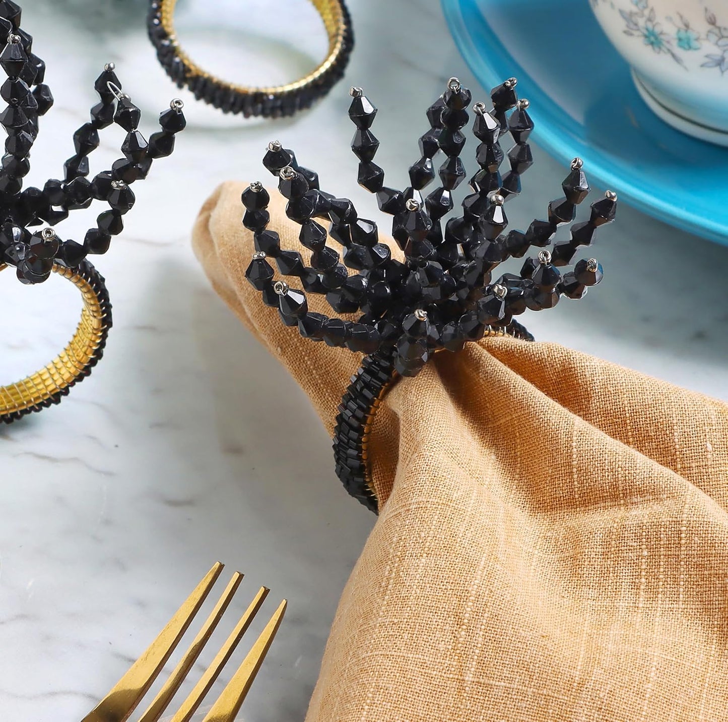 12-Pcs Decorative Napkin Rings - Beaded Serviette Ring Napkin Holders for Summer Beach Wedding Ocean Coastal Nautical Holiday Party Home Table Décor (Black) - CLEENTABLE