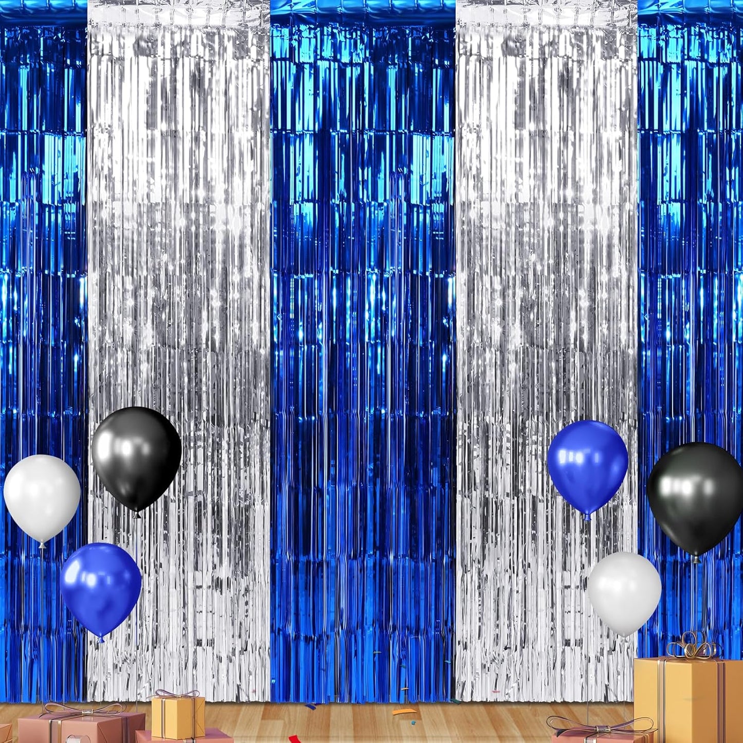3Pack 3.3Ft x 6.6Ft Graduation Foil Fringe Curtain Backdrop Decorations, Blue Silver Metallic Tinsel Foil Streamers Curtain Photo Booth Background for Graduation Prom Wedding Birthday Party Decoration