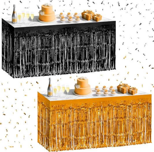 2 Pack Black Orange Table Skirts, 29x108" Metallic Foil Tinsel Fringe Table Skirt for Rectangle Tables Streamer Curtains Backdrop, Party Decorations for Birthdays, Weddings, Holidays