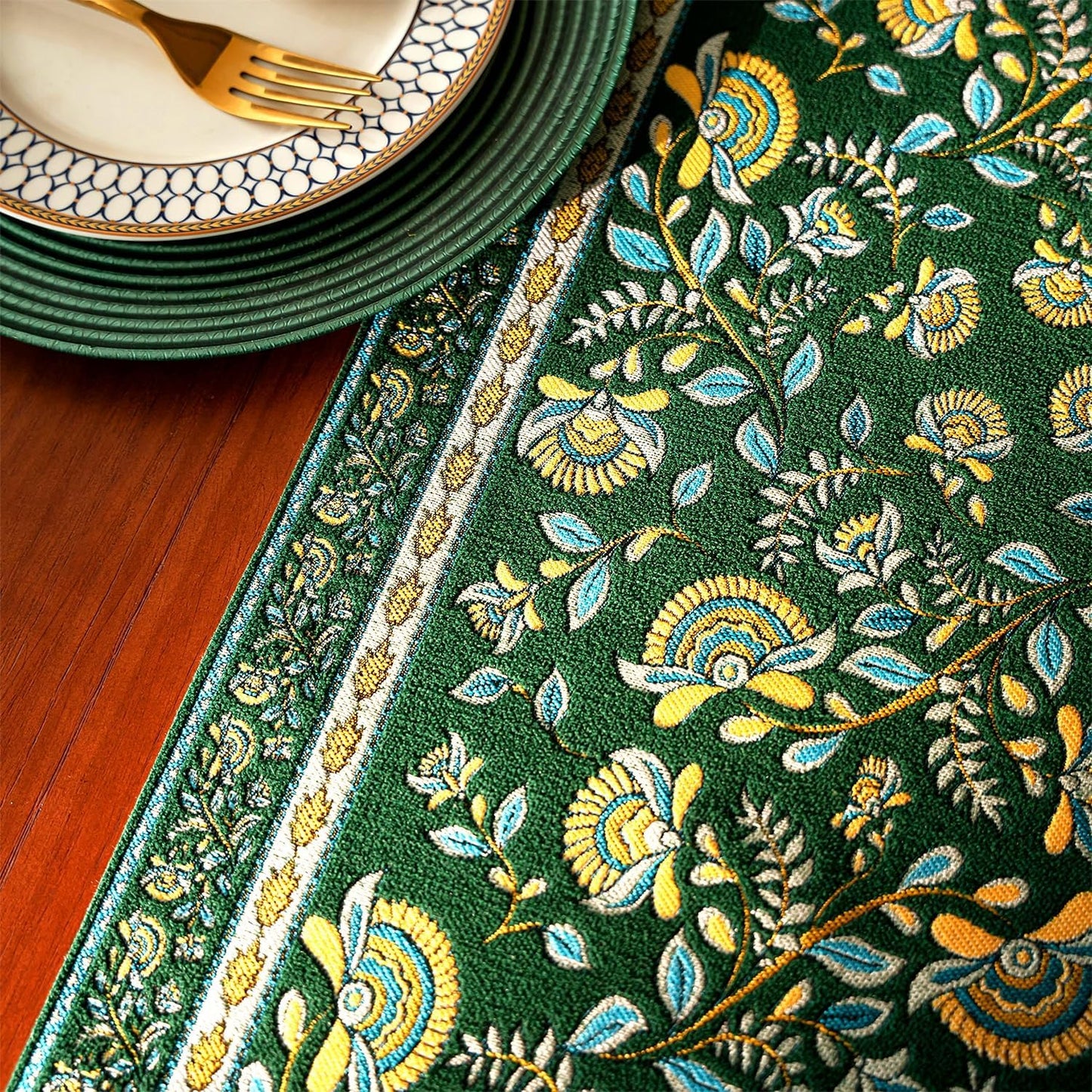 13×72 Inch Table Runner, Retro-Luxury Tassels Series for Kitchen Dining Table Holiday Decoration (Green Branch)