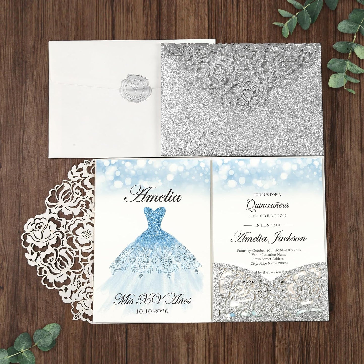 DORIS HOME 50pcs Laser Cut Quinceanera Invitation Pockets with Envelopes Silver Glitter, 5.12" x 7.12"Invitation Cards for Birthday, Miss 15, Sweet 16 (No Inserts Included)