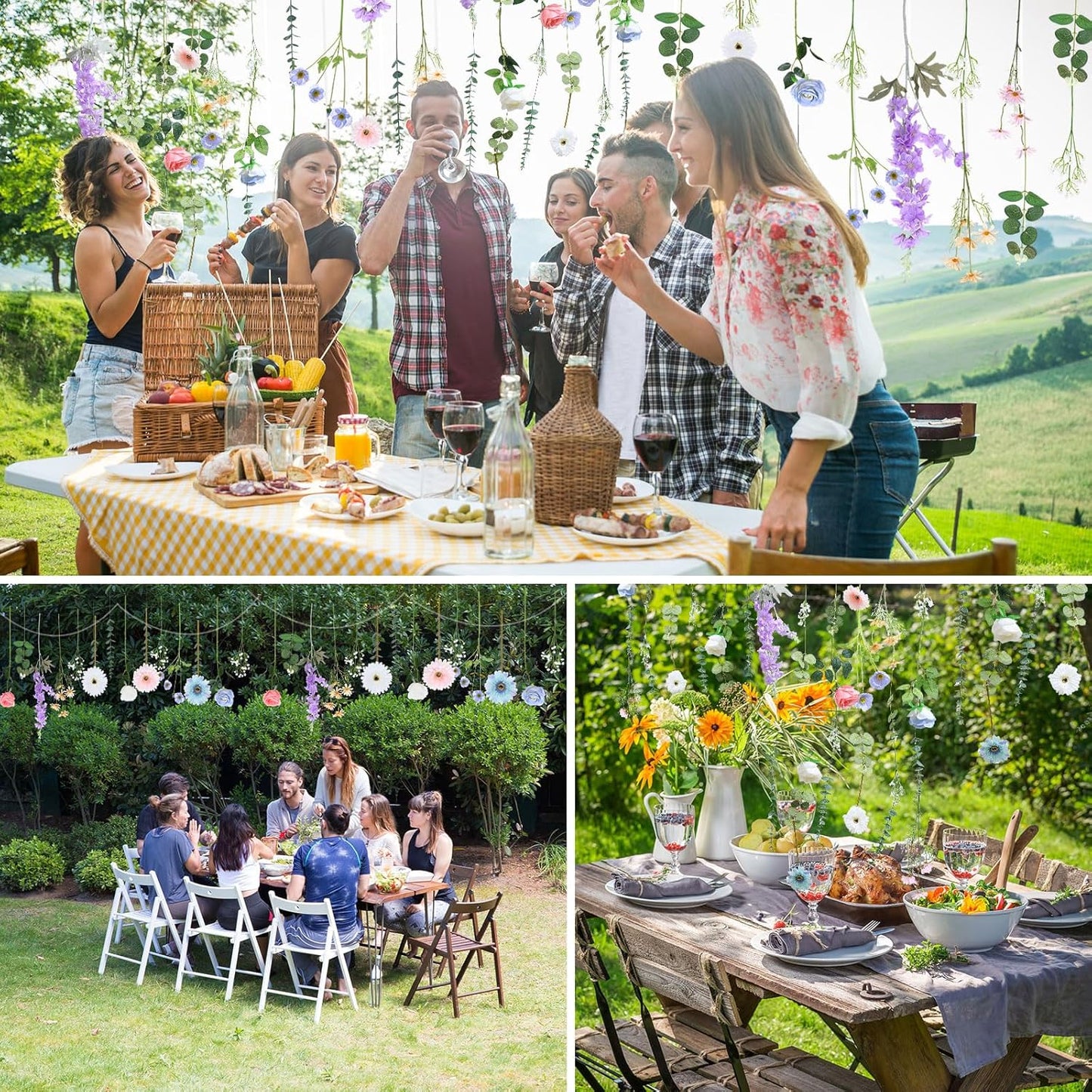 Hoteam 26 Pcs Pcs DIY Flower Garland Artificial Hanging Wildflower Backdrop Set Fake Rose Eucalyptus Daisy Poppy Wild Flower Decor for Wedding Party Birthday Home Garden (White,Blue,Pink)