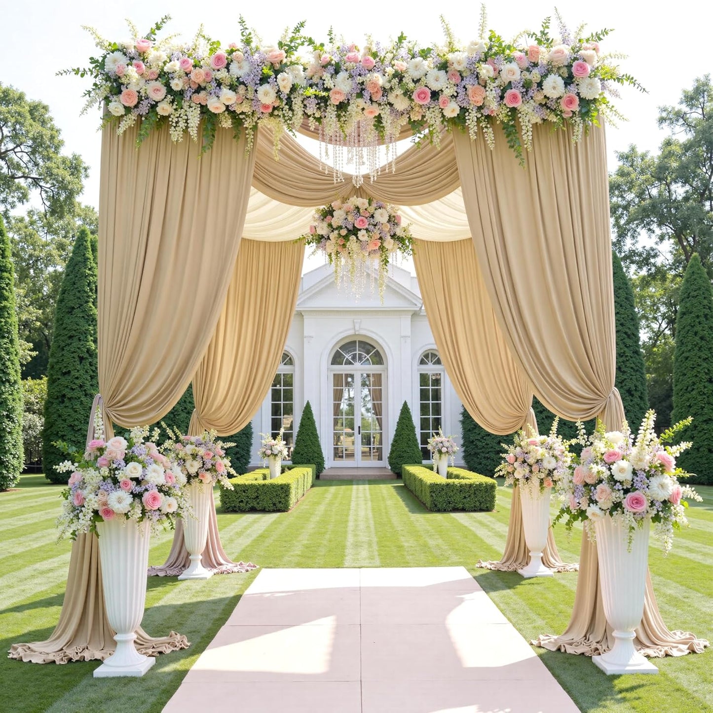 50ftx12ft Wrinkle Free Beige Backdrop Curtain, 10 Panels 12FT Height Beige Wedding Backdrop Drapes, Silky Polyester Back Drop Cloth for Birthday Photography Background Party Backdrop Draping