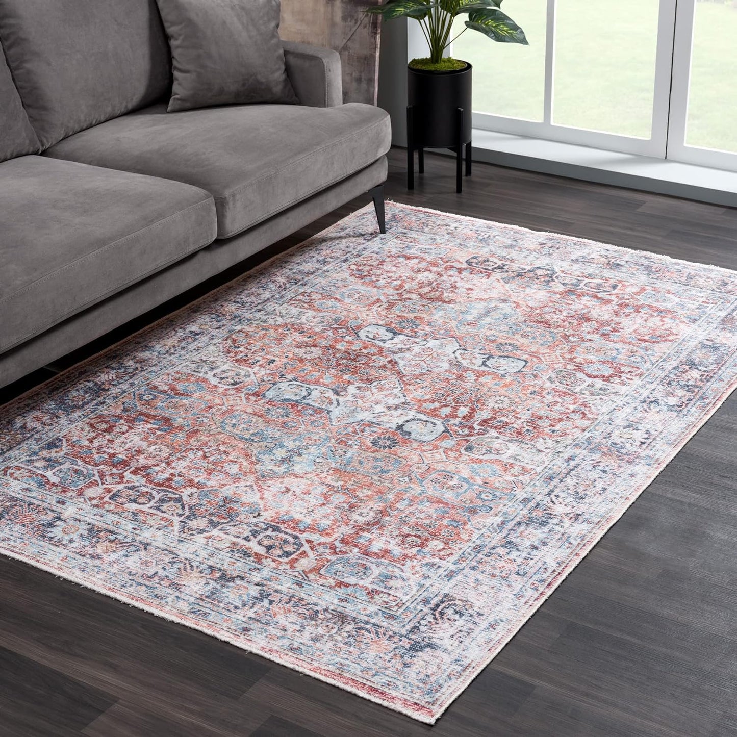 Bloom Rugs Caria Washable Non-Slip 4x6 Rug - Brick/Dark Blue Traditional Area Rug for Living Room, Bedroom, Dining Room, and Kitchen - Exact Size: 4' x 6'