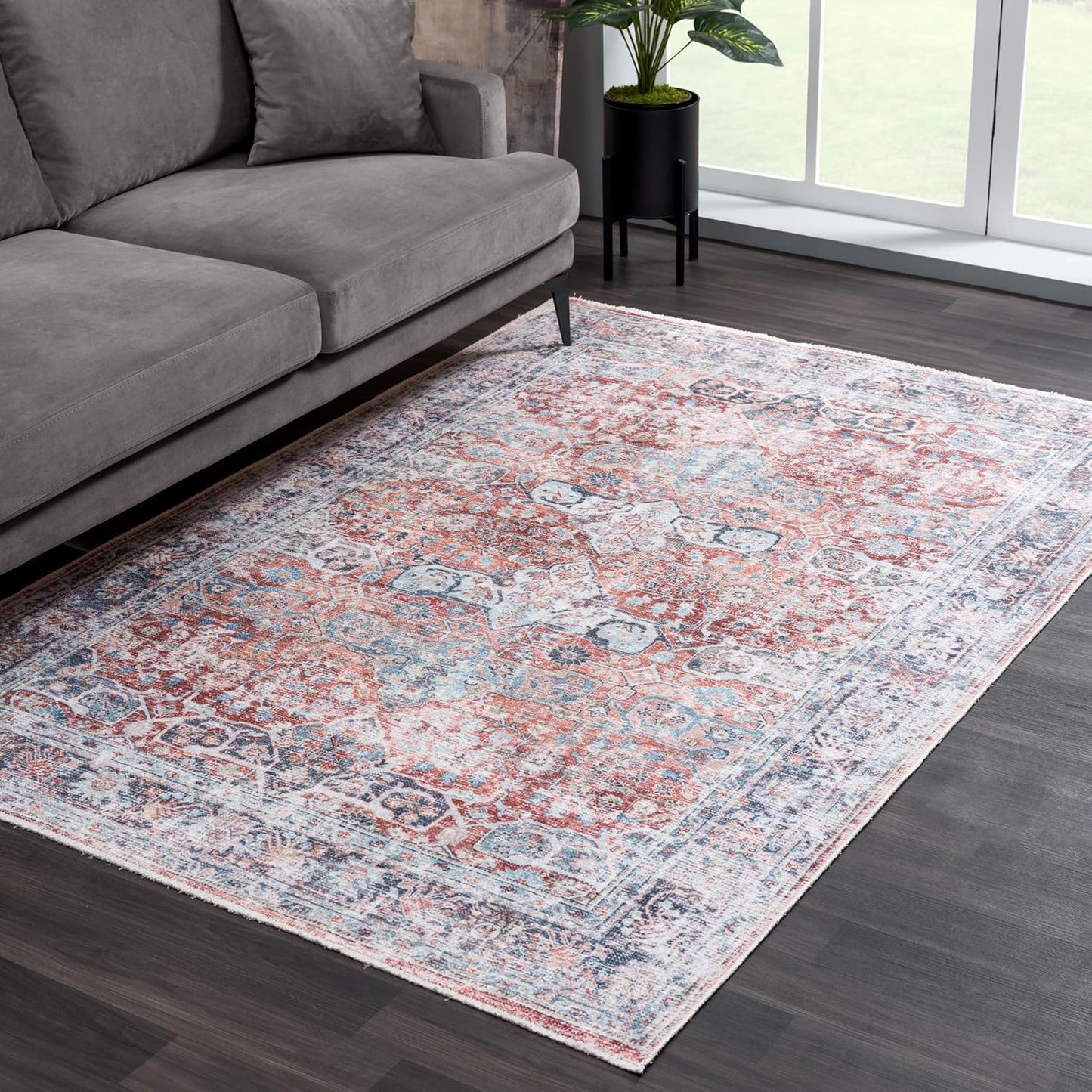 Bloom Rugs Washable Non-Slip 10x14 Rug - Brick/Dark Blue Traditional Oriental Area Rug for Living Room, Bedroom, Dining Room, and Kitchen - Exact Size: 10' x 14'