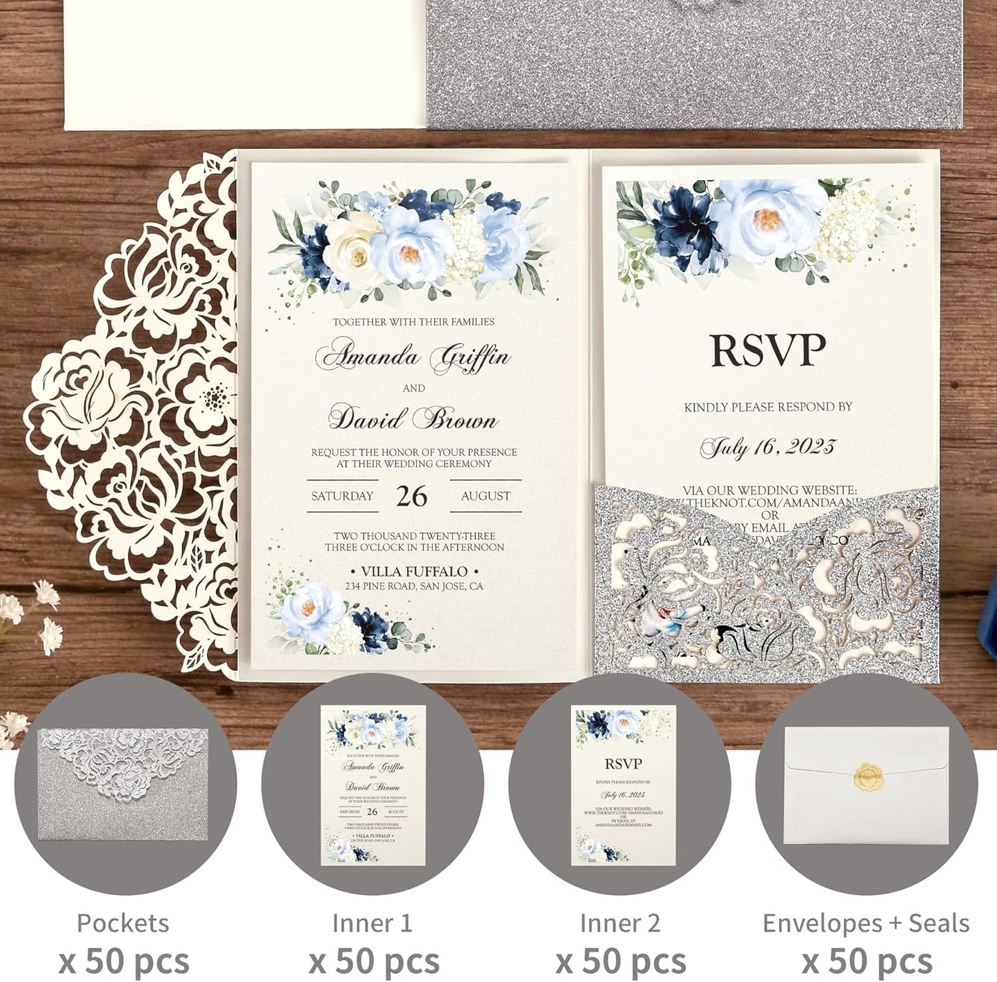 DORIS HOME 50pcs Laser Cut Wedding Invitations with Envelopes and RSVP Cards Silver Glitter, 4.7x7.1 Personalized Invitation Cards for Wedding, Anniversary Invitations with Envelopes