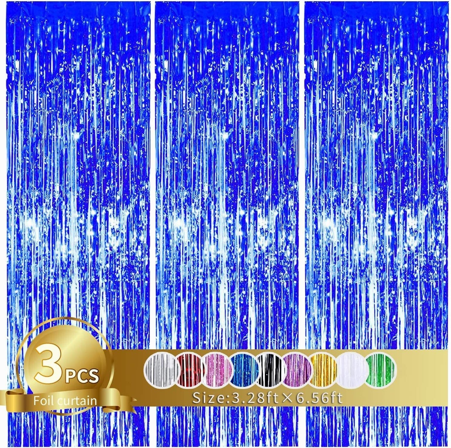 3 Pcs Blue Tinsel Foil Fringe Curtains,3.28ft x 6.56ft Gold Photo Booth Backdrop Streamer Curtain,Photo Booth Props,Ideal Bachelorette Party Supplies, Birthday, Christmas,New Year Decorations…